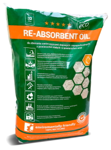 RE-ABSORBENT OIL sorbent PUR z recyklingu, dopuszczenie CNBOP, atest PZH, chłonność 600% - worek 32 L