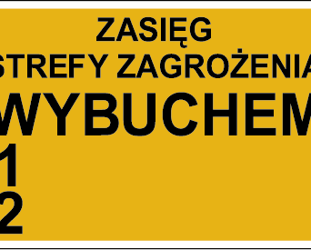 Zasięg strefy zagrożenia wybuchem 1 - Znak ostrzegawczy. Znak informacyjny - NB007